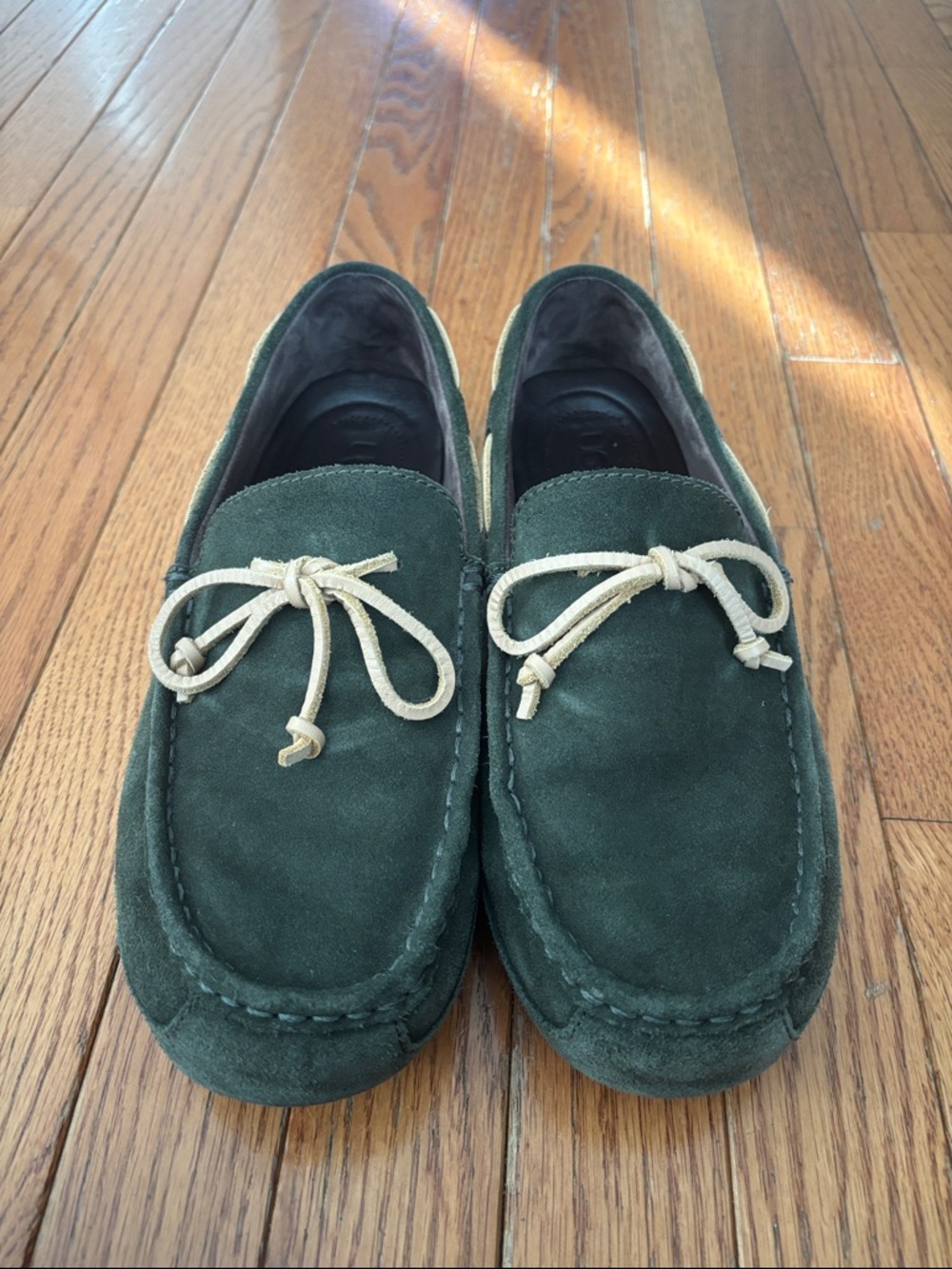 UGG Men's Forest Green Suede Moccasin Loafers with Cream Laces